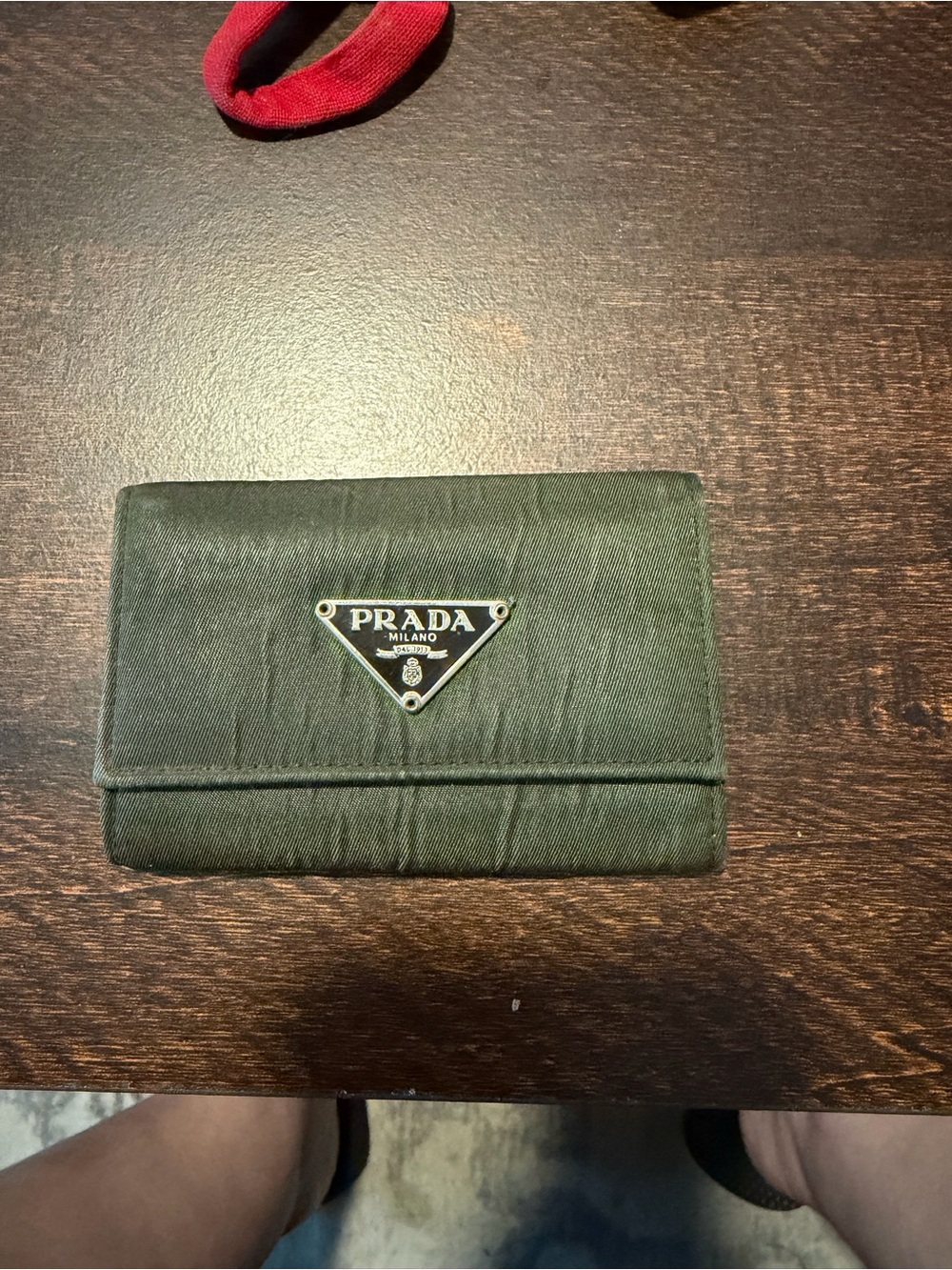 Prada Olive Green Nylon Card & Key Holder with Gold Triangle Logo